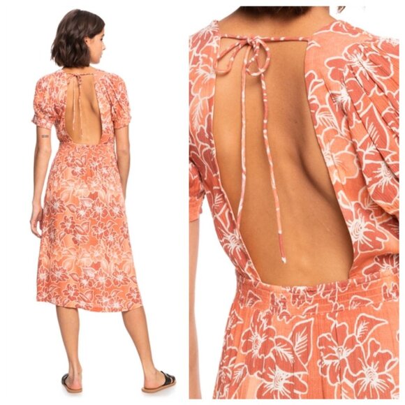 NWT Roxy Papaya Punch Palmy Breeze Orange Cut - Out Back Midi Dress, size Large - Picture 6 of 9